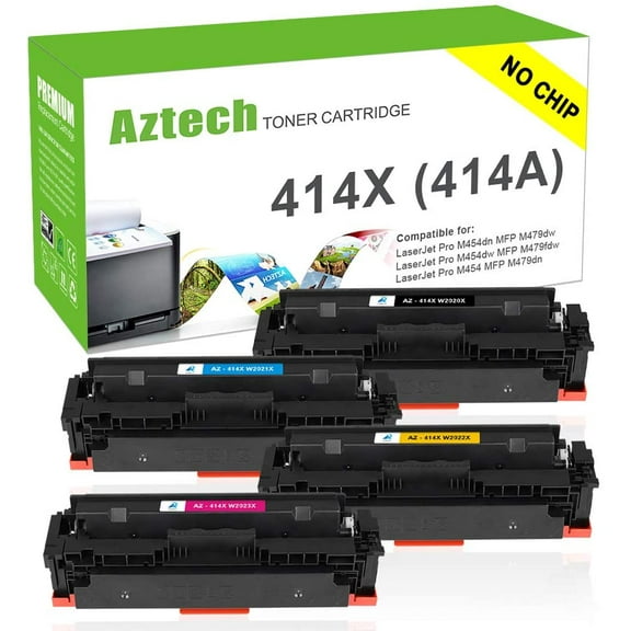 A AZTECH without Chip 4-Pack High Yield Toner Cartridge Compatible for HP 414X W2020X Color Laserjet Pro MFP M479fdw M454dw M454dn M479fdn Printer Ink (Black Cyan Yellow Magenta)