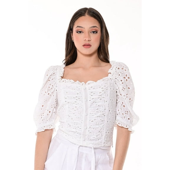 AZUCAR LADIES SOLID EYELET PUFFY SLEEVES BLOUSE - IN (2) COLORS - LCB1714