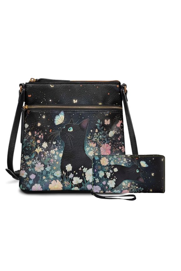 Small Leather Purses 2Pcs, Sling Wallet Vintage Hobo Bags Medium Size Belt Wallet Set of 2 Large Capacity to Store Keys Cash Credit Card Phone Black Cat Print Y101