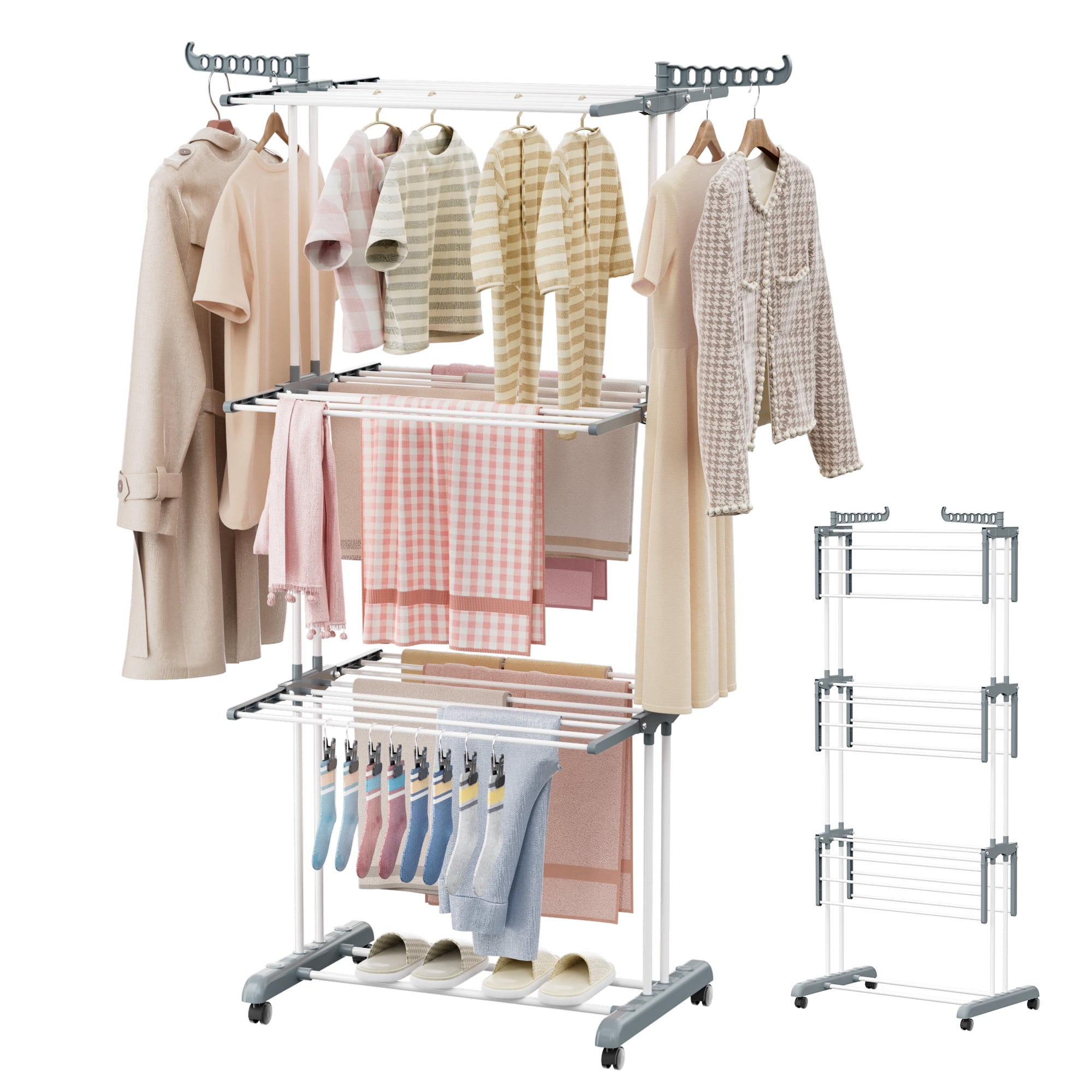 AZULLIA Clothes Drying Rack, 4-Tier Foldable Laundry Drying Rack with Wheels Indoor Outdoor Freestanding, Gray PJ01
