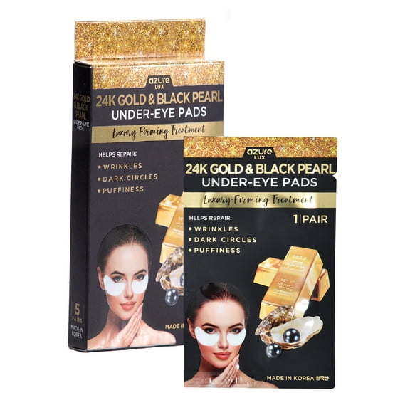 AZURE 24K Gold & Black Pearl Luxury Firming Under Eye Mask Pads – Toning, Moisturizing & Restoring | Reduces Fine Lines, Wrinkles, Dark Circles & Puffiness – 5 Pairs