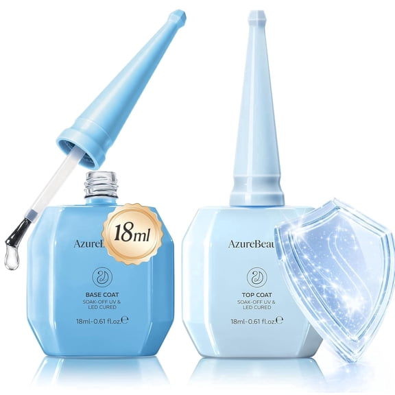 Azurebeauty 18ml Gel Base and Top Coat Set – No Wipe High Gloss Soak Off UV/LED Nail Polish, Long-Lasting Clear Gel for Smooth Shiny Manicure