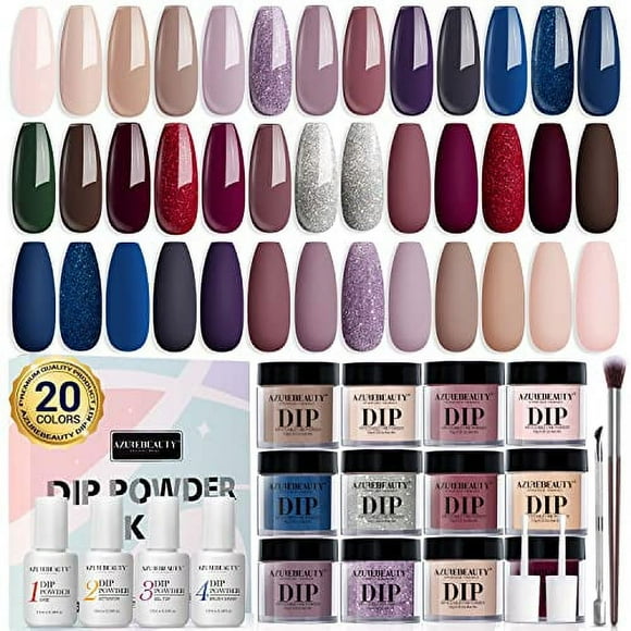 AZUREBEAUTY 29 Pcs Dip Powder Nail Kit Starter Set, 20 Colors Nude Pink Purple Blue Brown Glitter Acrylic Dipping Powder System Liquid Set with Top/Base Coat for French Nail Art Manicure DIY Salon Wom