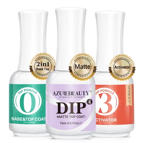 AZUREBEAUTY 3 Pcs Dip Powder Liquid Set, Base Coat with Activator Matte Coat Comprehensive Professional Dipping Powder Essential Set for Dip Nail Art, 15 ml 0.5 Oz Fast Dry No Nail Lamp Needed ALT2