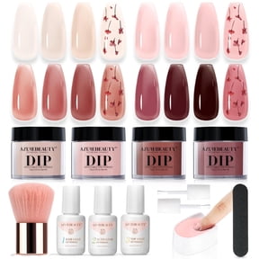 Azurebeauty Dip Powder Nail Kit, 4 Colors Jelly Transparent with Dried Flower Set, Nude Brown Natural Dipping Powder Starter Liquid Set Recycling Tray with Base & Top Coat Activator