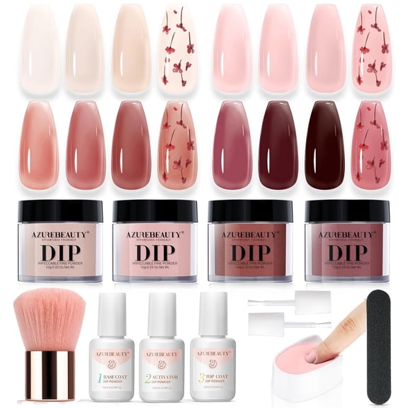 Azurebeauty Dip Powder Nail Kit, 4 Colors Jelly Transparent with Dried Flower Set, Nude Brown Natural Dipping Powder Starter Liquid Set Recycling Tray with Base & Top Coat Activator