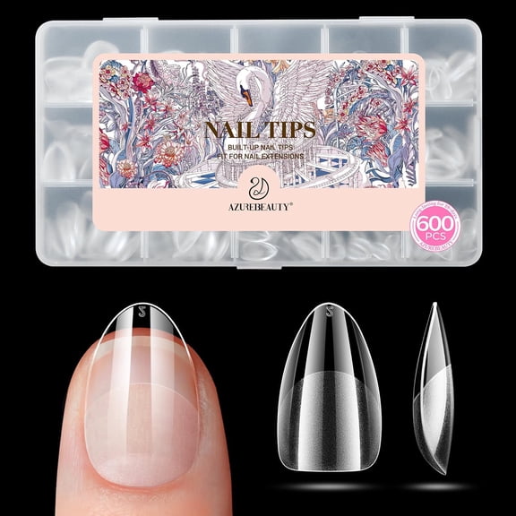 AZUREBEAUTY Extra Short Almond Nail Tips, 600pcs Pre Etched Soft Gel Nail Tips 15Sizes Acrylic Fake Nails Half Matte Full Cover Clear Press On False Nail Extensions for DIY Manicure at Home Nail Art