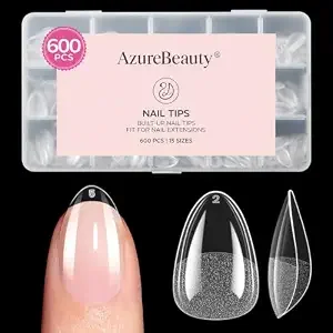 AZUREBEAUTY Extra Short Almond Nail Tips, 600pcs Pre Etched Soft Gel Nail Tips 15Sizes Acrylic Fake Nails Half Matte Full Cover Clear Press On False Nail Extensions for DIY Manicure at Home Nail Art