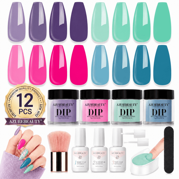 Azurebeauty Dip Powder Nail Kit, 4 Vibrant Pastel Green Pink Purple Colors, Base/Top Coat Activator, DIY Manicure