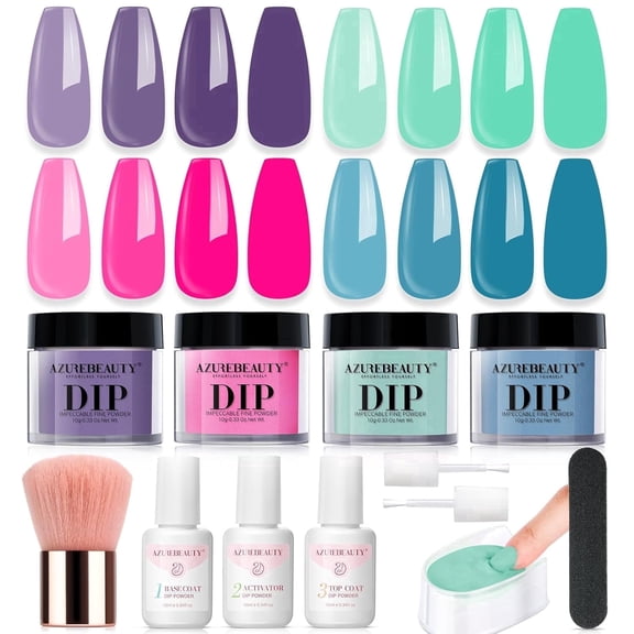 Azurebeauty Dip Powder Nail Kit, 4 Vibrant Pastel Green Pink Purple Colors, Base/Top Coat Activator, DIY Manicure