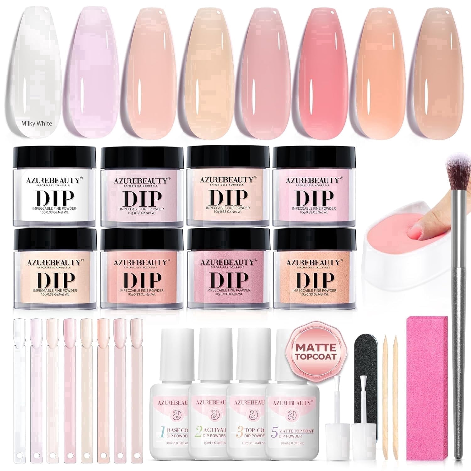 AZUREBEAUTY 8 Color Dip Powder Nail Kit, Jelly Translucent Milky White Sheer Pink Nude Neutral Clear Shades, Dipping Liquid Set with Matte Top Coat & Nail Sticks for French Nail Art Manicure