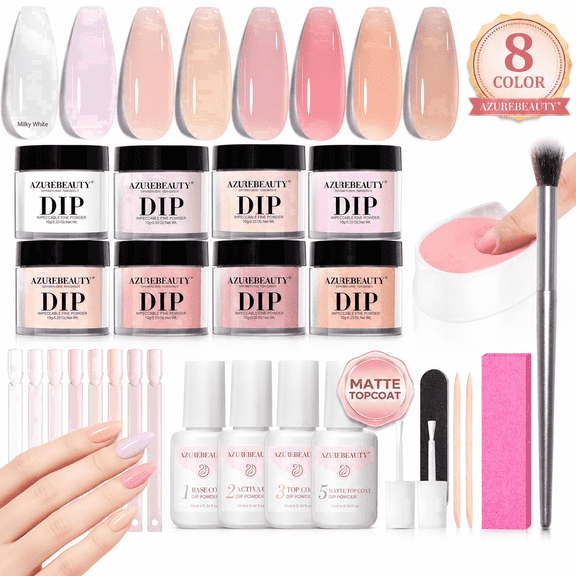 AZUREBEAUTY 8 Color Dip Powder Nail Kit, Jelly Translucent Milky White Sheer Pink Nude Neutral Clear Shades, Dipping Liquid Set with Matte Top Coat & Nail Sticks for French Nail Art Manicure