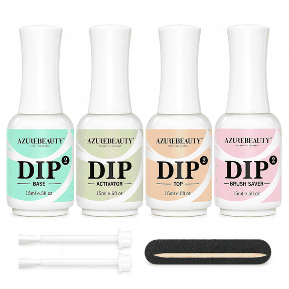 AZUREBEAUTY 4+4pc Dip Powder Liquid Set, 15ml/0.5oz, with Base/Top Coat, Activator, Brush Saver, Nail File– Fast Drying Formula, No UV Light Needed