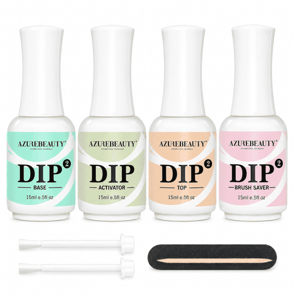 AZUREBEAUTY 4+4pc Dip Powder Liquid Set, 15ml/0.5oz, with Base/Top Coat, Activator, Brush Saver, Nail File– Fast Drying Formula, No UV Light Needed