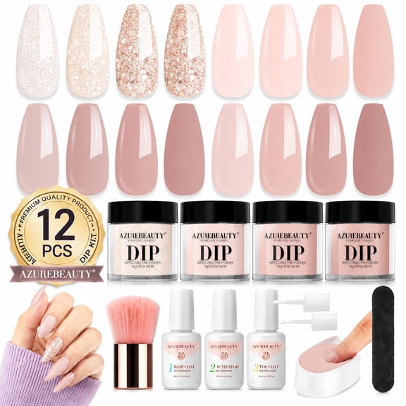 Azurebeauty Dip Powder Nail Kit Starter, All Season Nude Skin Glitter 4 Colors Dipping Powder Liquid Set Recycling Tray with Base & Top Coat Activator for French Nail Art Manicure Salon DIY at Home.