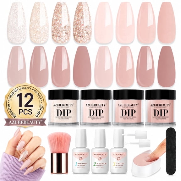 AZUREBEAUTY 12 Pcs Dipping Powder Nail Kit, 4 Colors All Season Nude Glitter Dip Powder Starter Set, No UV LED Light Needed Nail Polish with Base Top Coat