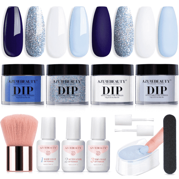 Azurebeauty 4 Colors Acrylic Dipping Powder Nail Kit, White Navy Blue Glitter Dip Powder Set with Base Coat, Top Coat & Activator, DIY French Manicure Nail Art Kit for Women