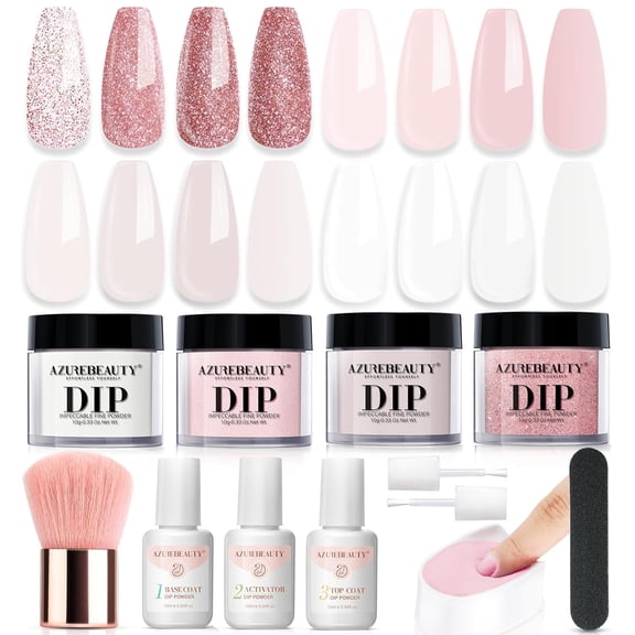AZUREBEAUTY 4-Color Glitter & Soft Pink Dip Powder Nail Kit, with Base Coat, Top Coat & Activator for French Manicure, All Seasons DIY & Salon