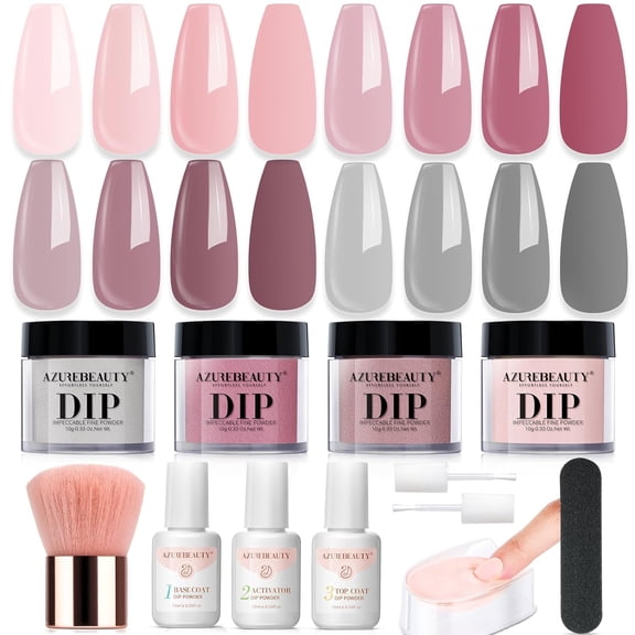 AZUREBEAUTY Dip Nail Kit with 4 Nude Pink Colors, Base & Top Coat, Activator & Tray for French Manicure, Salon DIY at Home