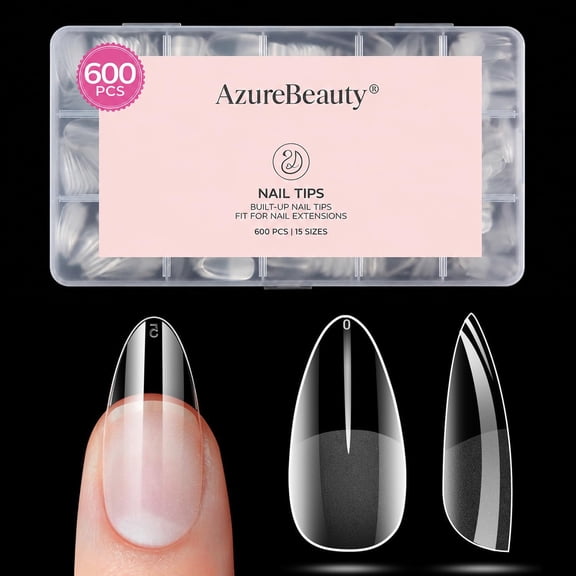 AZUREBEAUTY Medium Almond Nail Tips 600pcs 15 Size, Pre Etched Soft Gel Nail Tips Acrylic Fake Nails Half Matte Full Cover Clear Press On False Nail Extensions for DIY Manicure at Home Nail Art