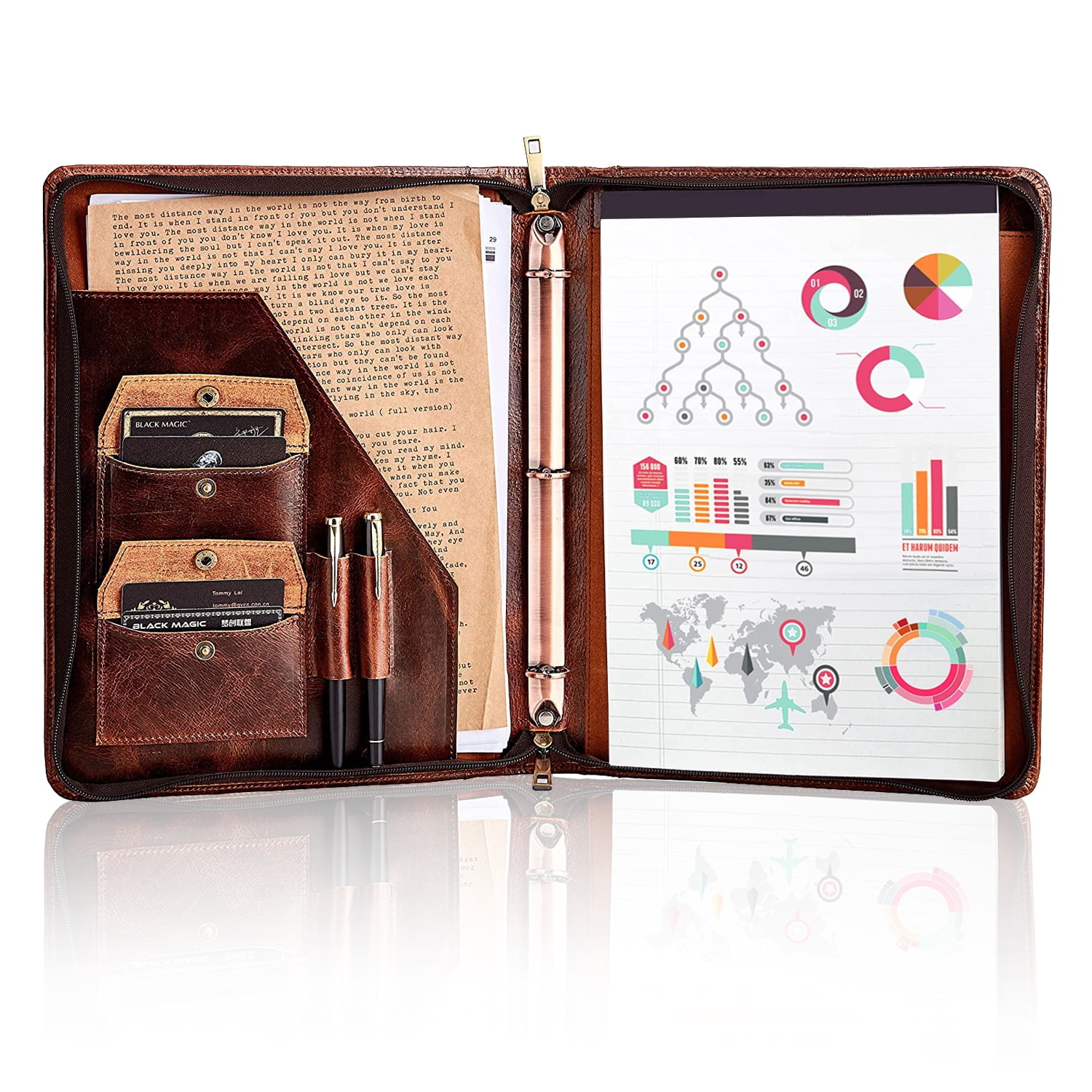 AZXCG Genuine Leather Three Ring Binder Organizer Zippered Portfolio