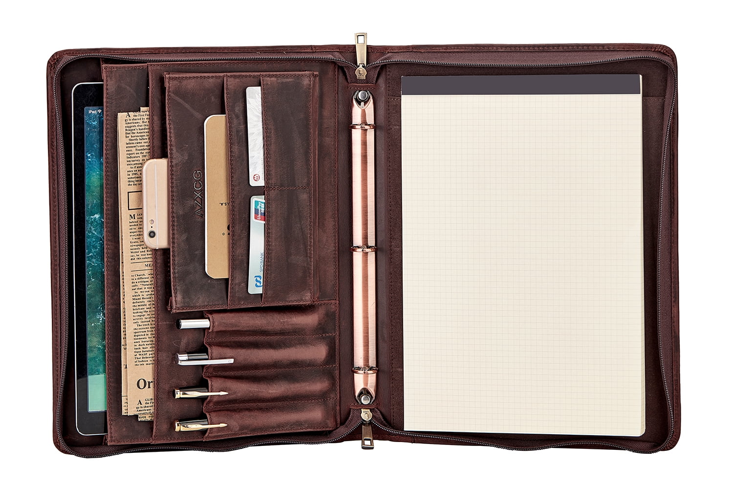 AZXCG Leather Padfolio Binder,Genuine Leather Portfolio Folder with YKK Zipper, Chrismas Gift Resume Portfolio for Son/Husband,Business Document Organizer, Dark Brown