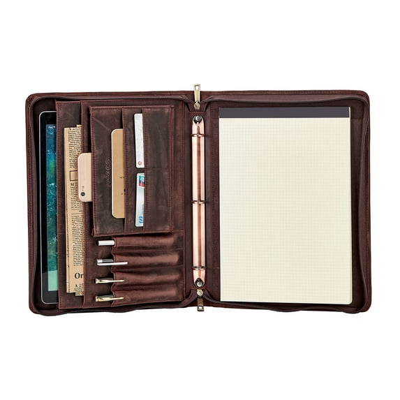 AZXCG Leather Padfolio Binder,Genuine Leather Portfolio Folder with YKK Zipper, Chrismas Gift Resume Portfolio for Son/Husband,Business Document Organizer, Dark Brown
