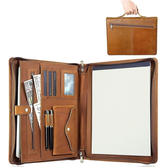 AZXCG Leather Portfolio with Handle Handmade, Padfolio for ipad & MacBook (Up to 13.3"), Vintage Pad Carrying Case for Men and Women, Notepad Holder, Phone and Cards, Brown
