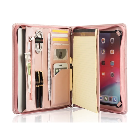 AZXCG Padfolio Business Folder, Portfolio with A4/Letter Size Paper Notepad, Resume Folders with Zipper, Vegan Leather Professional Organizers for ipad pro 12.9(2015/2017),Pink