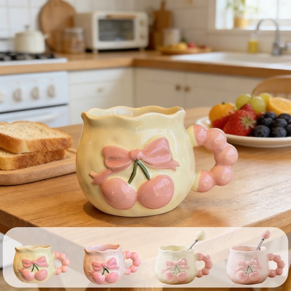 AZXY 10oz 3D Pink Bow & Cherry Ceramic Coffee Mug, Cute Pastel Beaded Handle Aesthetic Cup for Office & Home, Ideal Birthday, Bridesmaid Gift for Her, Women & Girls, Perfect for Coffee, Tea & Latte
