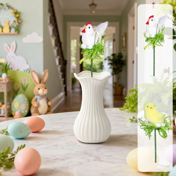 AZXY 12" Easter Decorations Chicken Floral Picks, Artificial White Hen on Nest with Eggs & Greenery Stems for Spring Home Decor, Easter Tree & Table Centerpieces