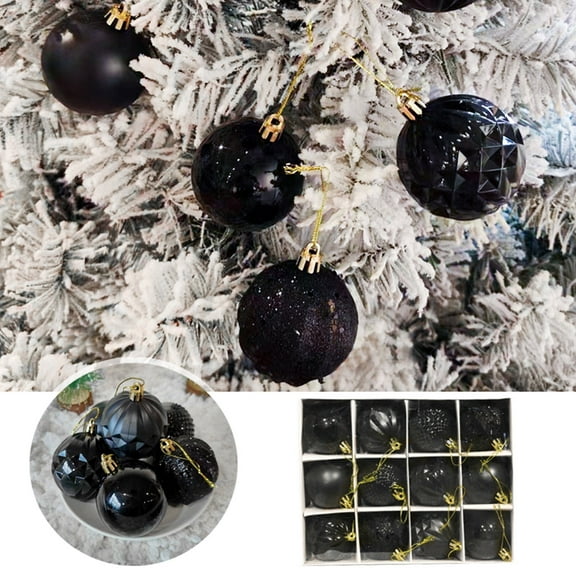 AZXY 12PC Tree Ornaments Balls Sets For Christmas Black Christmas Tree Ornament Decorations Hanging Plastic Glitter Xmas Decor Shatterproof for Holiday Indoor Party Supplies