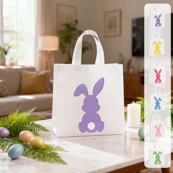 AZXY 12Pcs Bulk Small Easter Gift Bags with Handles, 10.63“ x 11.42" Non-Woven Fabric Purple Bunny Print Tote Bags for Kids Easter Egg Hunt Party Favors Gifts Wrapping