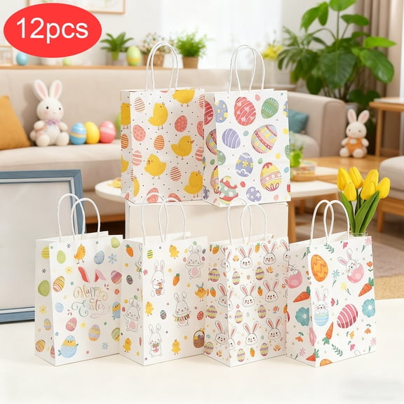 AZXY 12Pcs Bulk Small Easter Gift Bags with Handles, 8.27x5.91x3.15 inch Paper Easter Eggs Bunny Candy Treat Bags for Kids Religious Easter Egg Hunt Party Favors Gifts Wrapping
