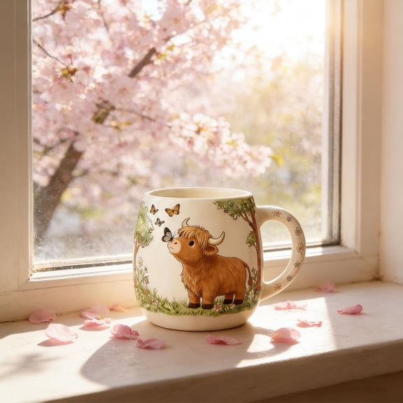 AZXY 12oz Highland Cow Ceramic Coffee Mug, Cute Farm Animal Design Novelty Cup, Ideal Gift for Animal Lovers & Coffee Enthusiasts