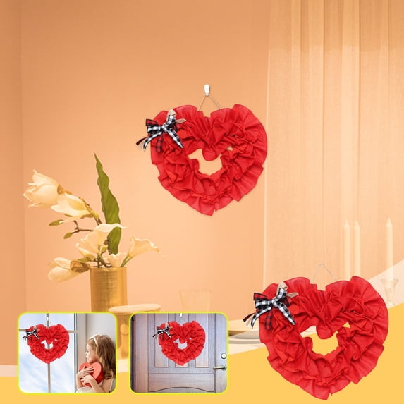 AZXY 15.7" Valentine's Day Linen Ruffled Heart Wreath - Red Hanging Decor with Bow for Wedding Engagement Anniversary Party, Front Door Home Indoor