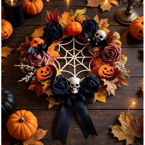 AZXY 16" Halloween Wreath for Front Door, Artificial Halloween Decor Indoor Outdoor with Maple Leaves Black Roses Pumpkin Skull Bat Spider Web, Gothic Round Wreath Ornament for Window Party Decor