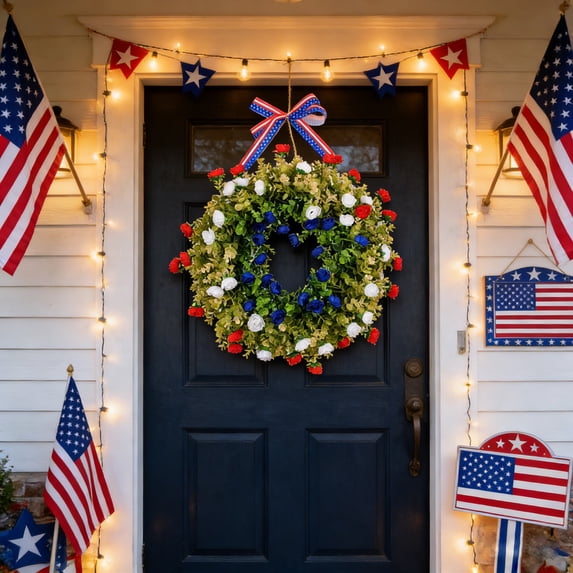AZXY 17.7 Inch 4th of July Patriotic Wreath, Eucalyptus Greenery Wreath with Red White Blue Roses & American Flag Bow, Americana Decor for Independence Day Memorial Day Front Door Indoor Outdoor