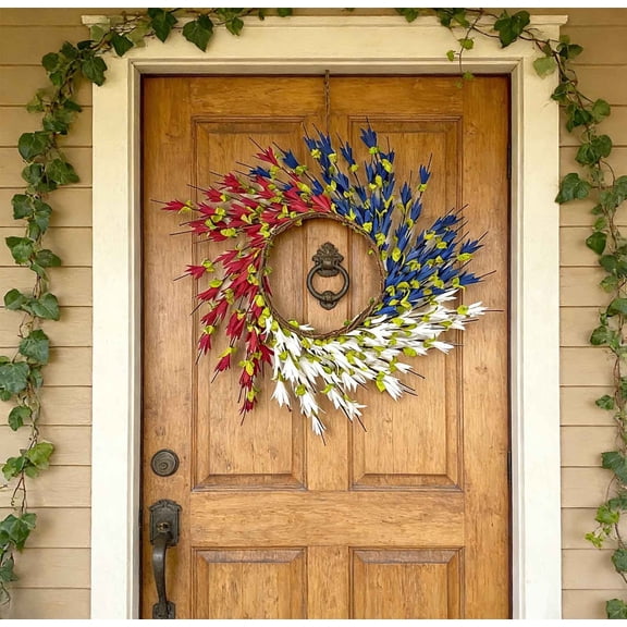 AZXY 17.71 Inch Patriotic Wreath, Red White Blue Artificial Leaf with Green Buds, Rustic Grapevine Base Americana Decor