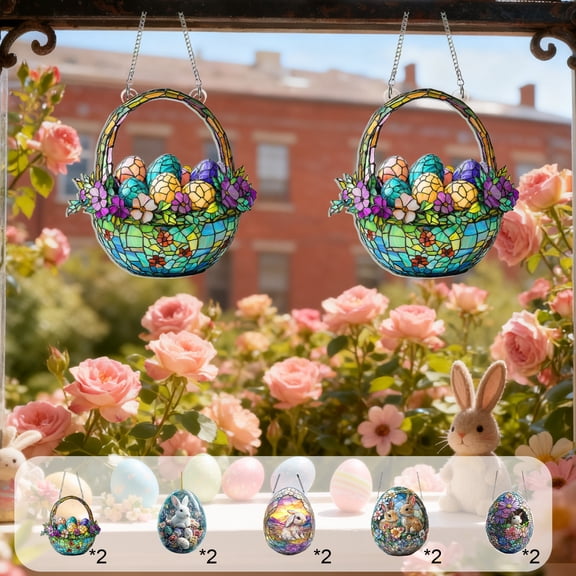 AZXY 2 Pcs Easter Basket Suncatcher Ornament, 7.87" Stained Glass Style Hanging Decoration, Easter Basket with Eggs & Flowers for Window, Easter Party & Home Indoor Outdoor Decor