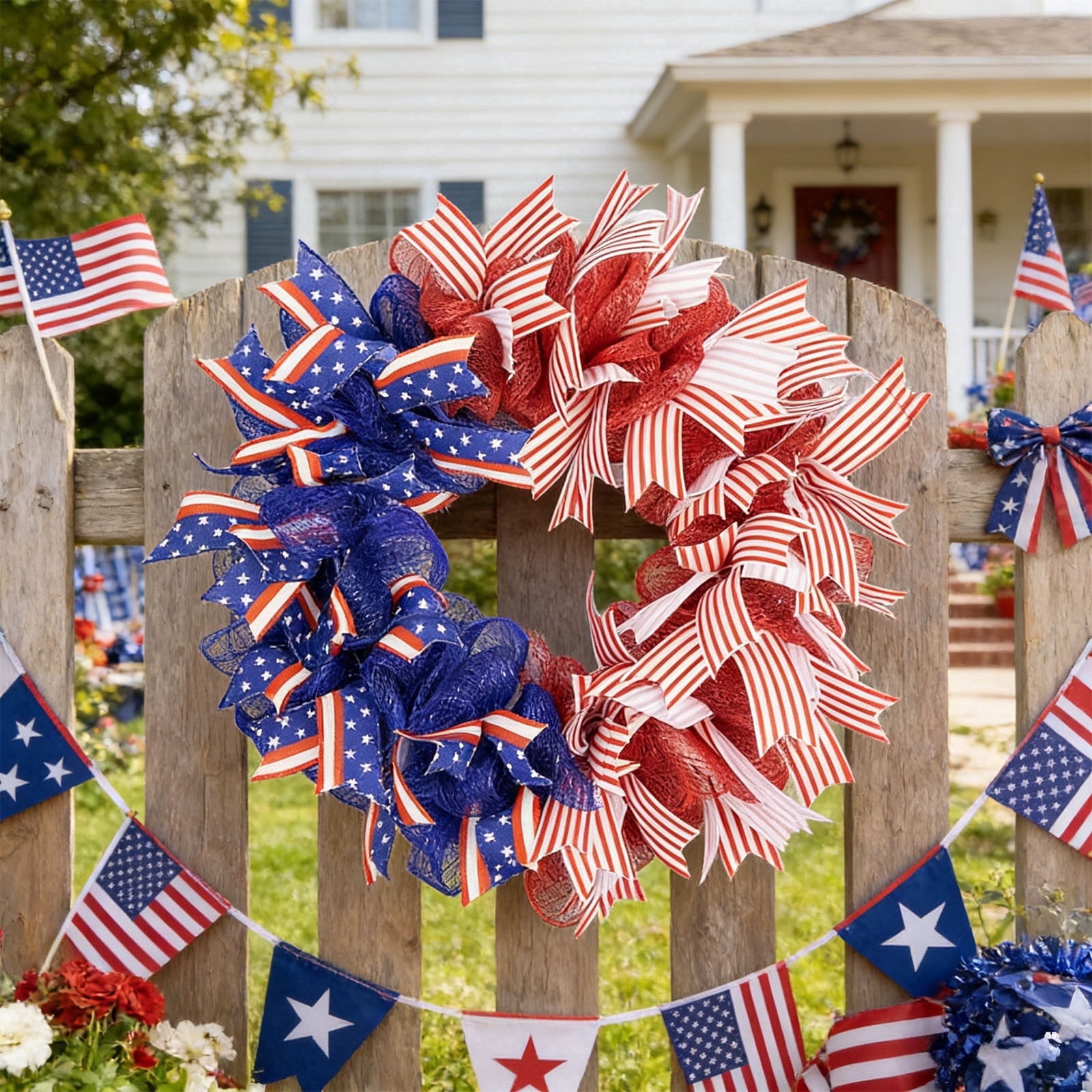 AZXY 20 Inch 4th of July Patriotic Wreath, Red White Blue Mesh Wreath ...