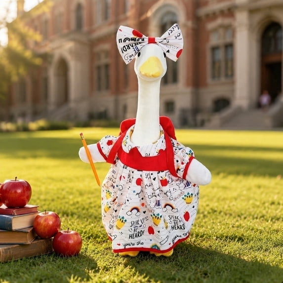 AZXY 23 Inch Goose Outfits, Back To School Letter Print Porch Goose Clothes, Bow Headwear Lawn Goose Costume for Lawn, Porch, Yard Back To School Season Decor