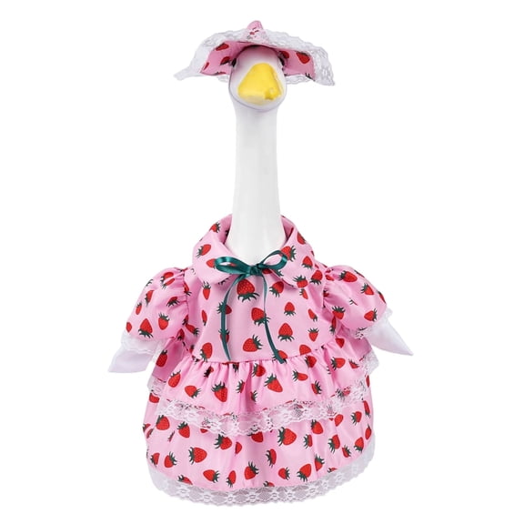 AZXY 23 Inch Porch Goose Outfit with Strawberry Print - Cute Pink Dress & Bonnet Costume for Cement/Plastic Lawn Goose, Sweet Garden Yard Decor for Spring & Summer, Patio Ornament Supplies