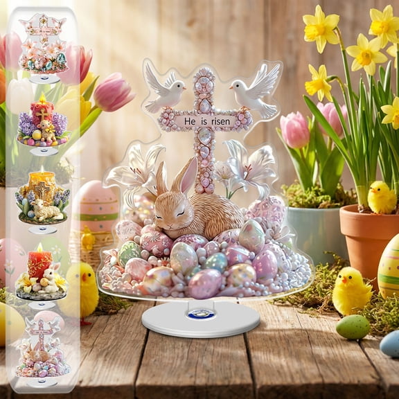AZXY 2D Acrylic Easter Bunny Decoration, Candle Holder, Yellow Floral Cross Tabletop Decor for Spring Home, Easter Holiday Party & Mantel, Thoughtful Gift for Shelf & Garden Styling