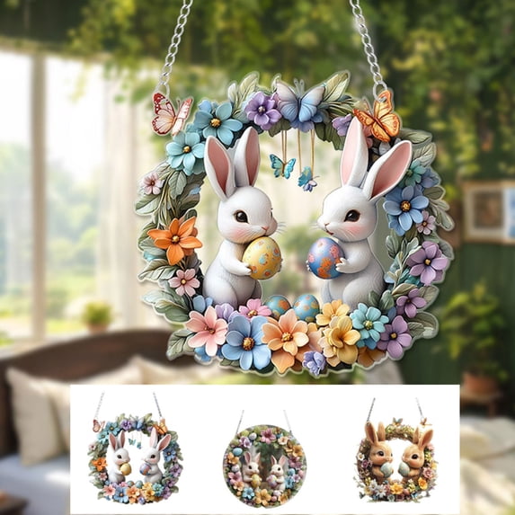 AZXY 2D Flat Easter Bunny Couple Ornament, 7.87" Acrylic Window Hanging Decor, Bunny Pair with Easter Eggs & Floral Wreath Accents for Easter Tree & Home Spring Party Supplies Indoor Outdoor