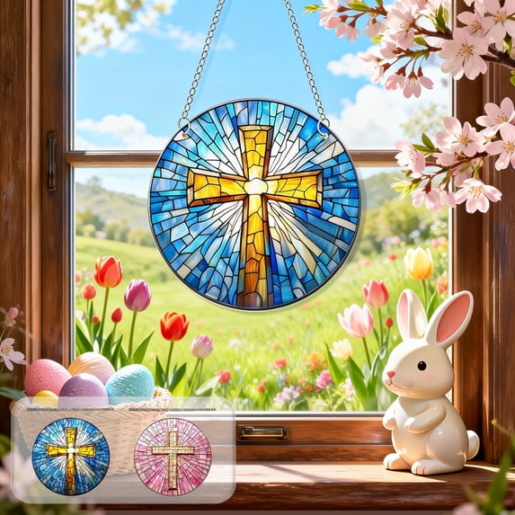 AZXY 2D Flat Easter Cross Ornament, 7.87" Acrylic Window Hanging Decor, Pink Stained Glass Cross for Easter Tree & Home Spring Party Supplies Indoor Outdoor