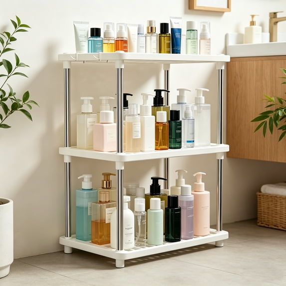 AZXY 3-Tier Storage Shelves, Space Saving Sturdy Floor Standing Organizer | Multipurpose Plastic Shelving Unit, Utility Storage Rack for Pantry, Closet, Bathroom, Kitchen and Laundry Room