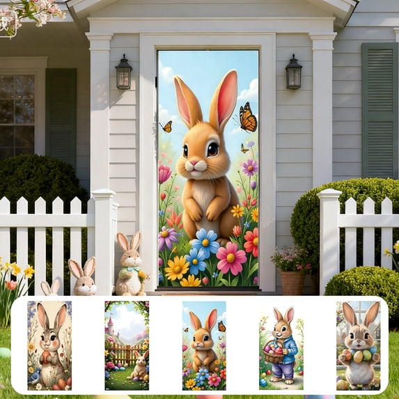 AZXY 35x71 Inch Easter Bunny Door Cover, Vintage Bunny with Red Egg and Blue Bird Door Banner, Spring Rustic Porch Wall Hanging Decor for Easter Party