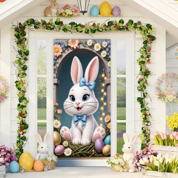 AZXY 35x71 Inch Easter Bunny Door Cover, White Bunny with Blue Bow in Stone Arch Door Banner, Spring Indoor Outdoor Porch Wall Hanging Decor for Easter Party