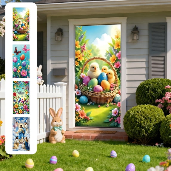 AZXY 35x71 Inch Easter Floral Door Cover, Tulips and Butterflies Door Banner, Spring Nature Porch Wall Hanging Decor for Easter Party